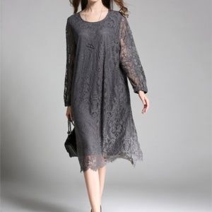 Jian Ruyi Gray Lace Long-Sleeve Midi